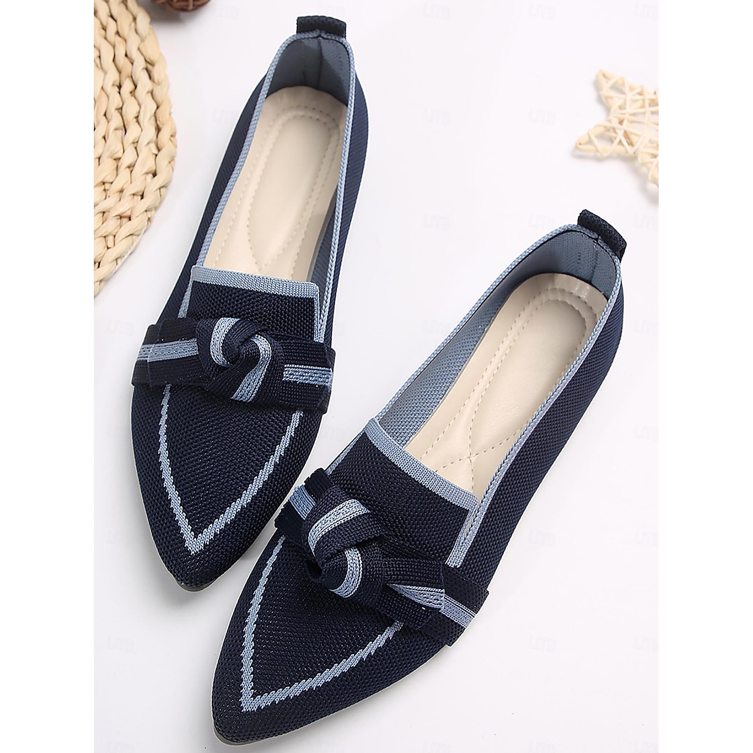 Women's Blue Knit Pointed Toe Flats with Bow – Comfortable Slip-On Loafers for Casual and Everyday Wear 2025 - Image 3