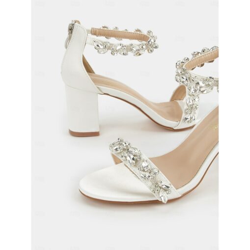 White Rhinestone Embellished Block Heel Wedding Sandals for Women - Bridal Shoes for Formal Events 2025