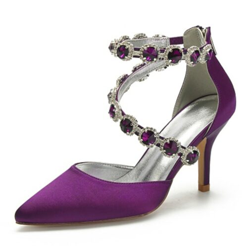 Purple Satin Women's High Heel Shoes with Rhinestone Embellishments and Ankle Straps for Weddings and Formal Events 2025 - Image 5