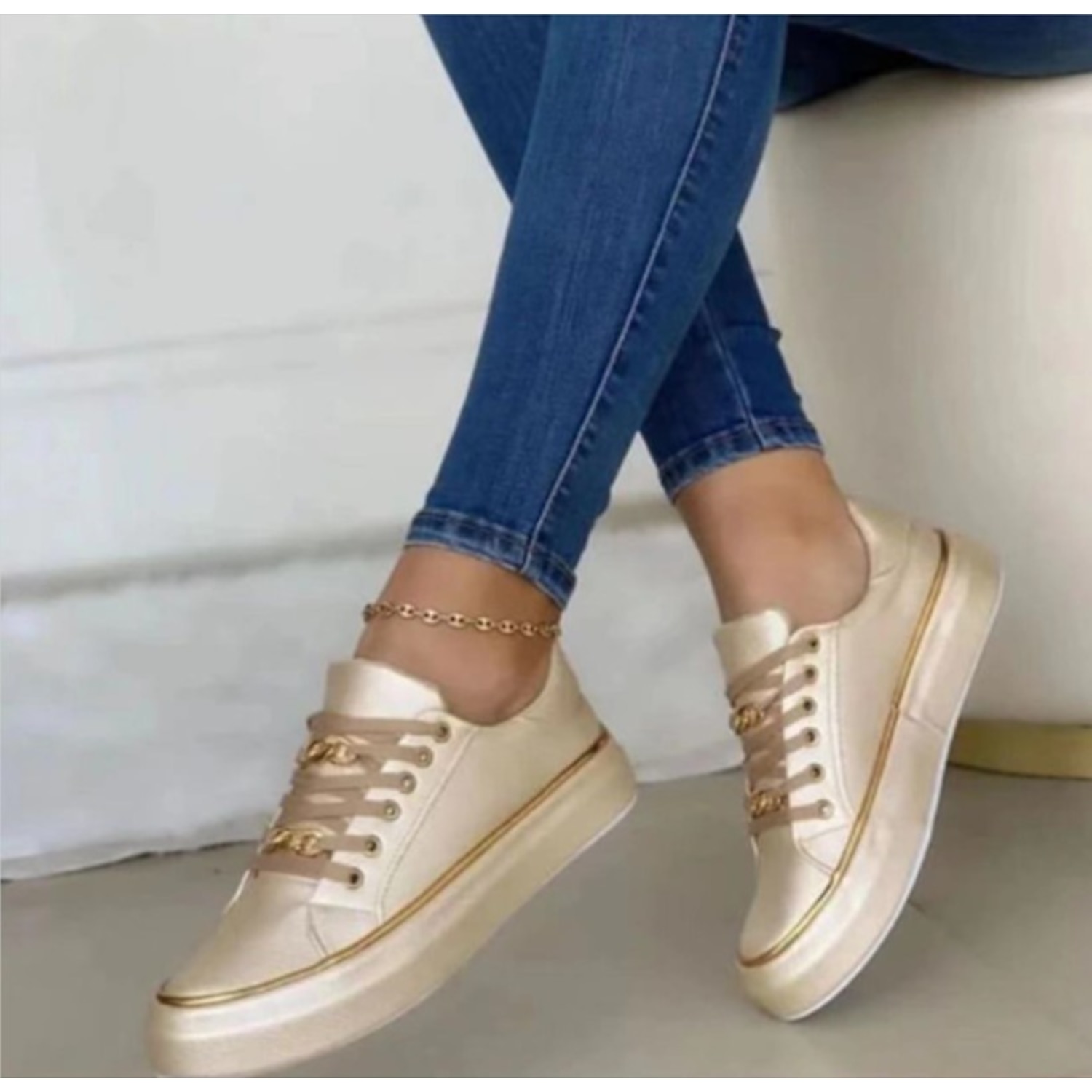 Women's Black Lace-Up Sneakers with Gold Chain Detail – Casual Fashion Shoes for Everyday Wear 2025 - Image 3