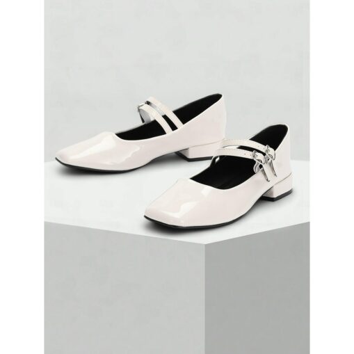 Women's Patent Leather Mary Jane Flats – Elegant White Square Toe Ballet Shoes with Double Straps for Casual and Formal Outfits 2025