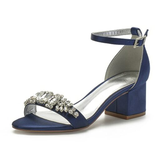Women's White Blue Rhinestone Embellished Block Heel Wedding Sandals with Ankle Strap - Comfortable Low Heel Elegant Bridal and Evening Shoes 2025 - Image 9