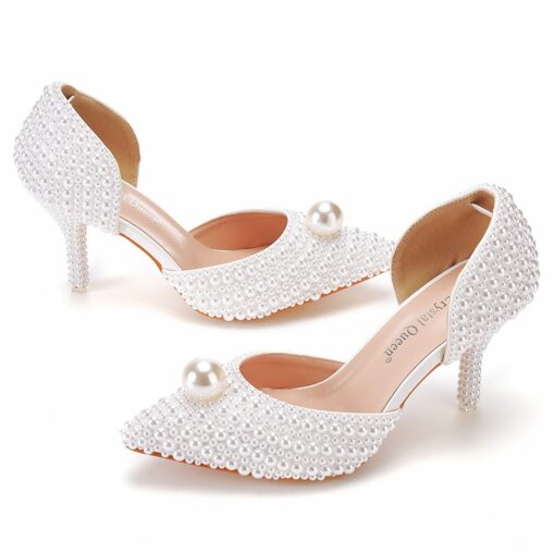 Women's Elegant Pearl-Embellished Pointed Toe Kitten Heel Pumps - Ivory Bridal Shoes with D'Orsay Design and Decorative Pearls 2025 - Image 2