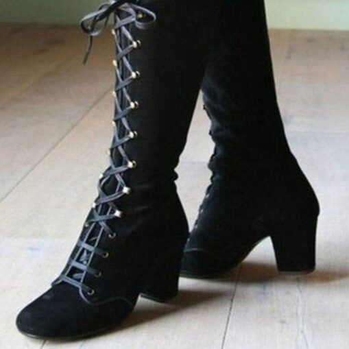 Women's Blue Knee-High Lace-Up Boots with Block Heels for Fashion and Casual Wear 2025 - Image 2