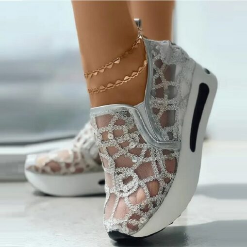 Women's Gold Sequin Mesh Slip-On Sneakers with Platform Sole - Stylish Casual Shoes for Parties and Special Occasions 2025 - Image 2