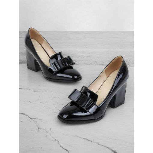 Women's Patent Leather Chunky Heel Pumps with Bow Accent – Elegant and Versatile Office Shoes 2025 - Image 2