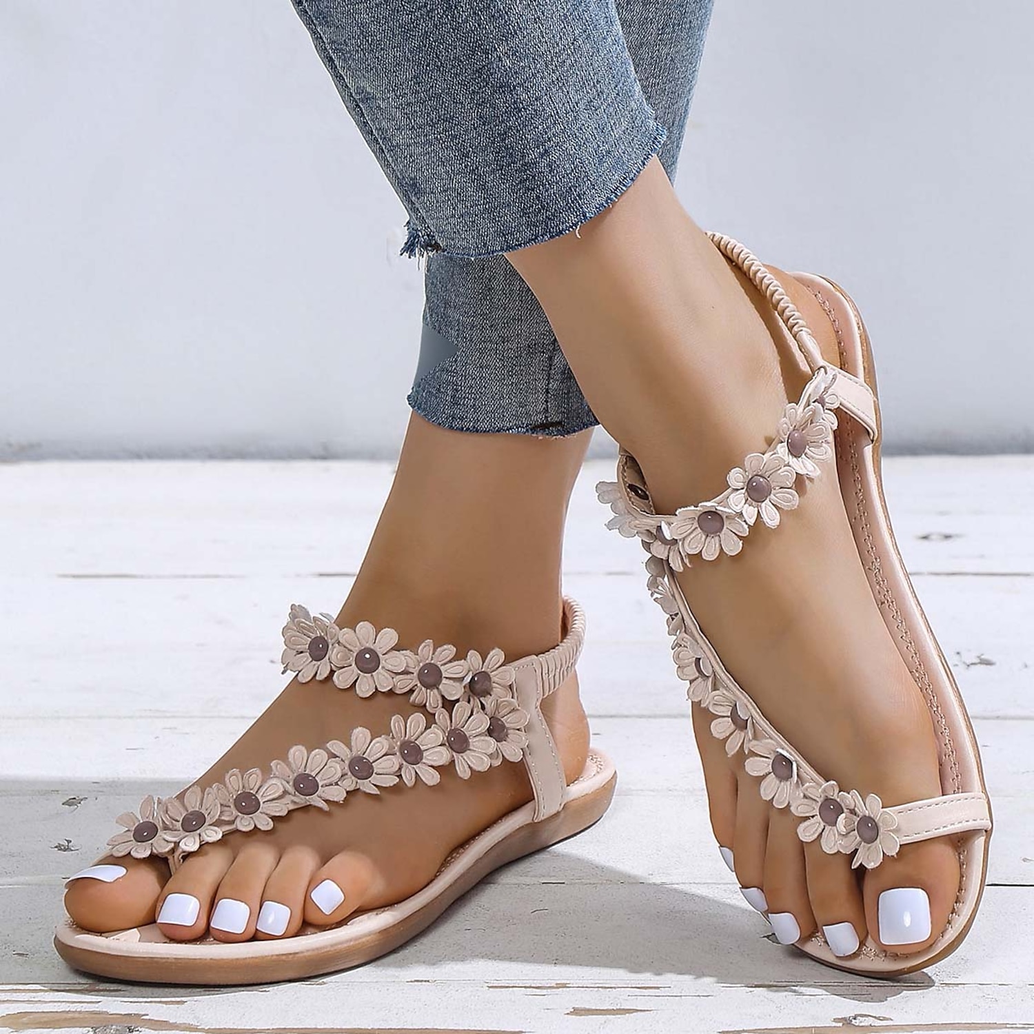 Women's Floral Embellished T-Strap Sandals with Cushioned Sole – Perfect for Casual Summer Outings 2025 - Image 3