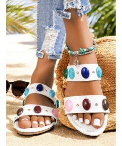 Women's Bohemian Flat Sandals with Colorful Gemstone Embellishments – Stylish and Comfortable for Beach or Casual Summer Wear 2025