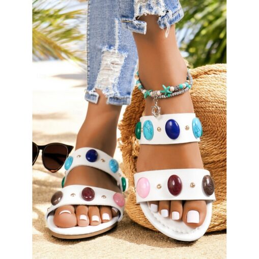 Women's Bohemian Flat Sandals with Colorful Gemstone Embellishments – Stylish and Comfortable for Beach or Casual Summer Wear 2025