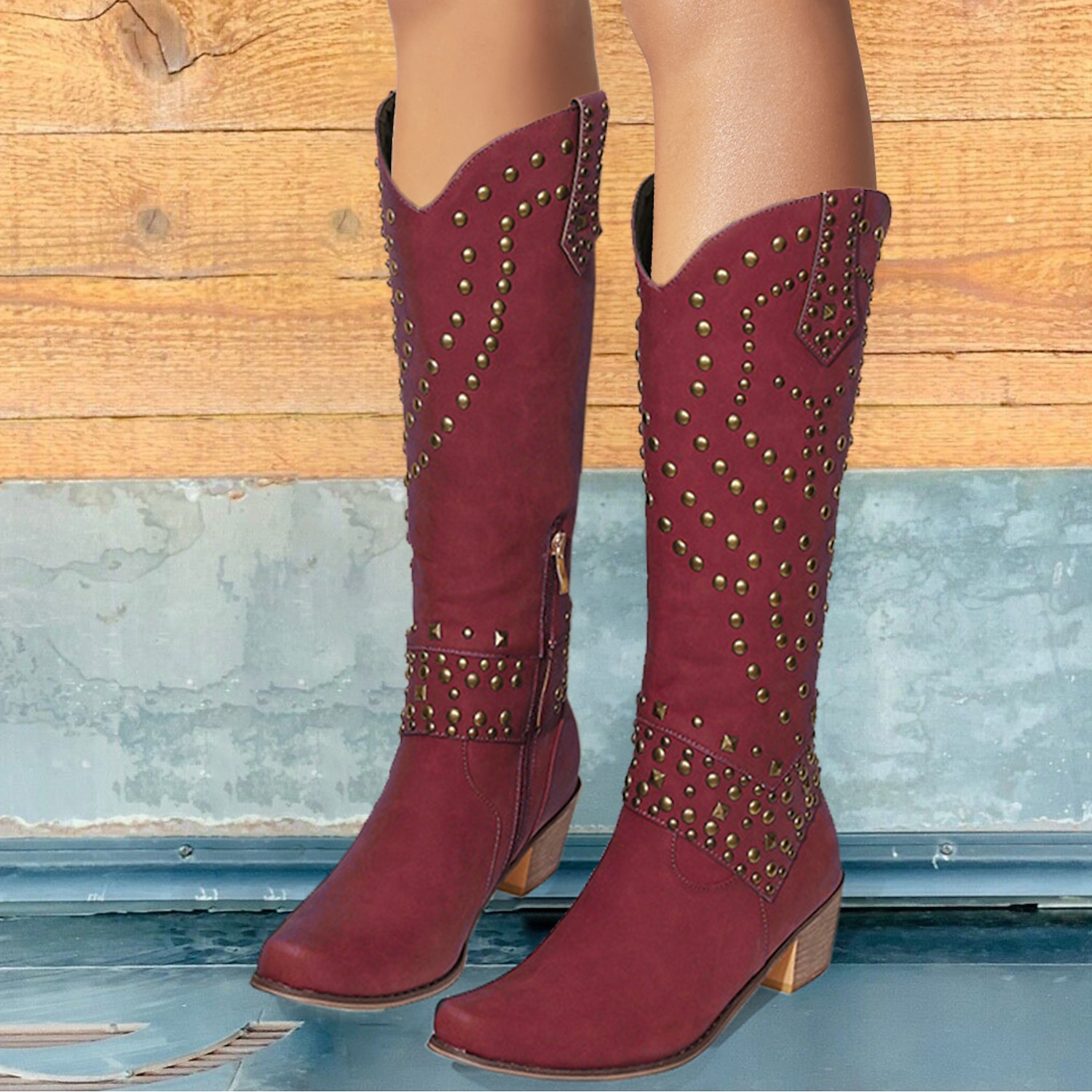 Women's Black Studded Faux Leather Knee-High Boots with Block Heels - Western Style Fashion Footwear for Fall and Winter 2025 - Image 3
