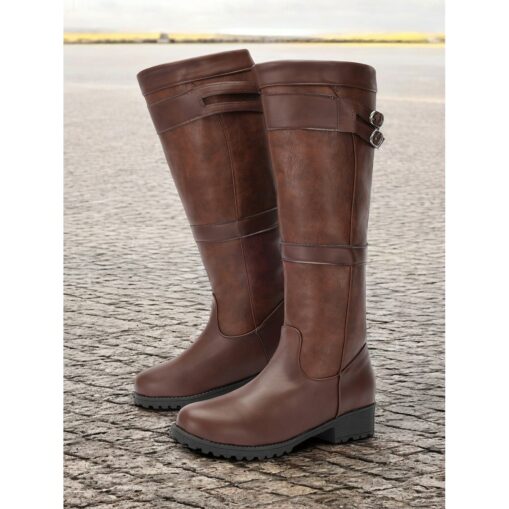 Women's Brown Knee-High Riding Boots with Buckle Detail - Durable Outdoor Footwear for Fall and Winter 2025