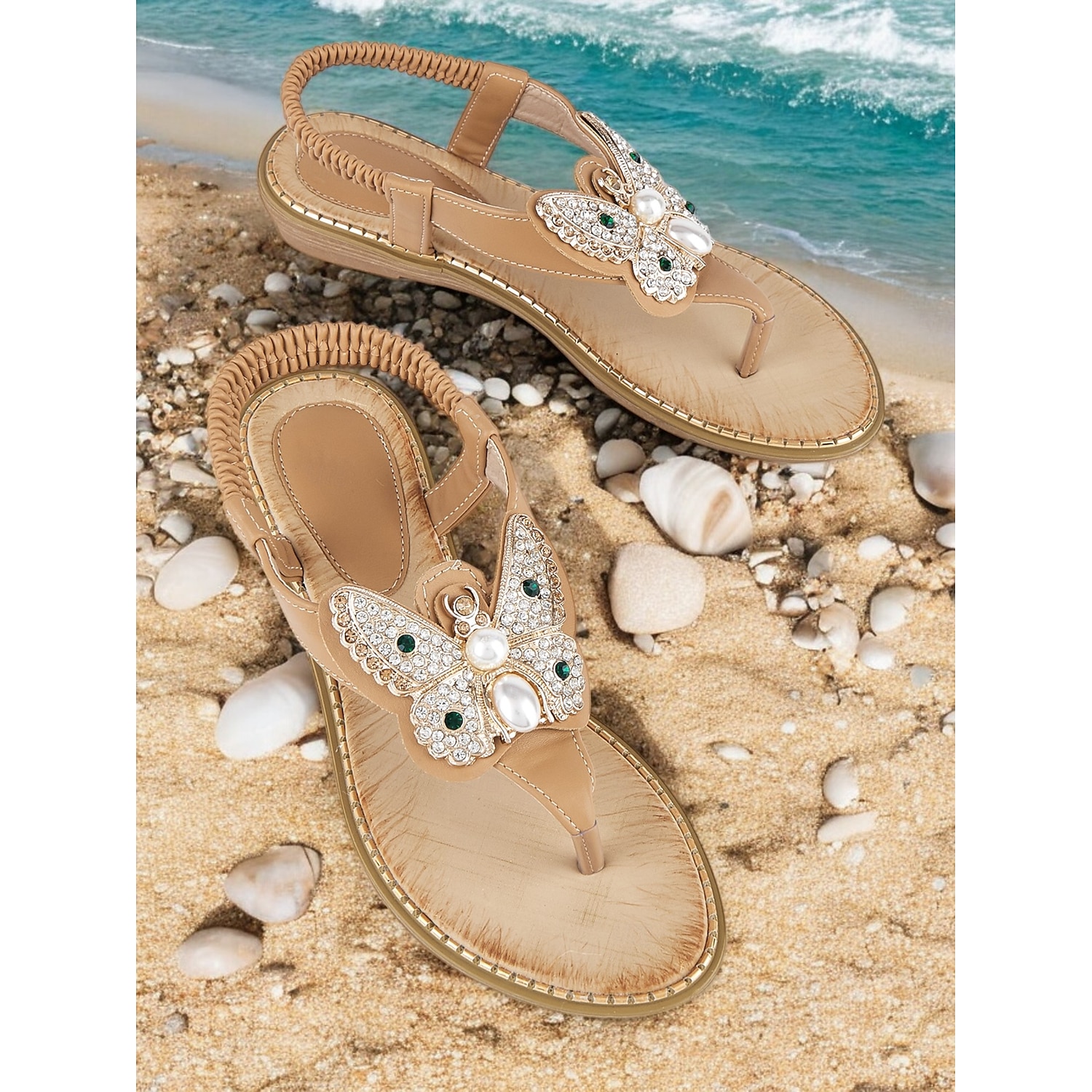 Women's Butterfly Rhinestone Flat Sandals – Elegant Beach Flip-Flops with Pearl Embellishment for Summer & Vacation 2025
