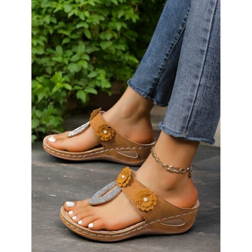 Women's Burgundy Floral Embellished T-Strap Sandals with Rhinestone Accents – Comfortable Summer Footwear for Casual and Beach Outings 2025 - Image 2