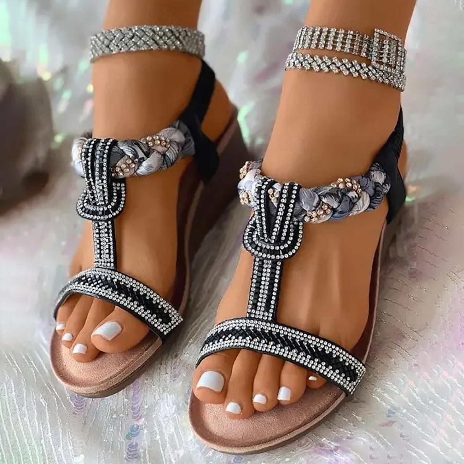 Women's Sandals Boho Bohemia Beach Wedge Sandals Comfort Shoes Vacation Beach Summer Rhinestone Platform Flat Heel Elegant Bohemia Vacation Faux Leath - Image 2