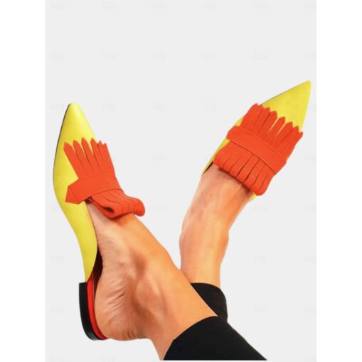 Women's Boho Chic Fringe Pointed-Toe Mules – Vibrant Purple and Orange Slip-On Flats with Suede Finish, Perfect for Casual Outings and Summer Fashion - Image 4