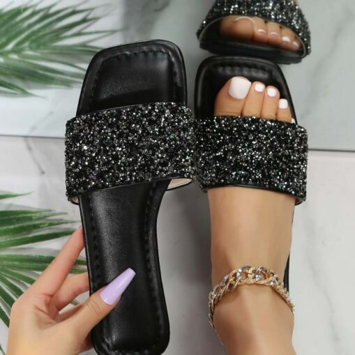 Women's Slippers Bling Bling Shoes Plus Size Beach Slippers Daily Beach Solid Color Plaid Summer Rhinestone Sequin Flat Heel Open Toe Fashion Casual F - Image 5