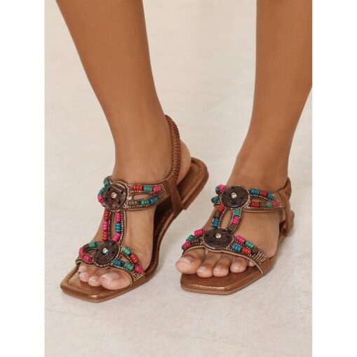 Women's Beaded Embellished Flat Sandals - Colorful Tribal-Inspired Casual Summer Footwear 2025
