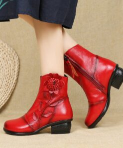 Women's Boots Ladies Shoes Valentines Gifts Party Valentine's Day Daily Solid Colored Booties Ankle Boots Flower Chunky Heel Round Toe Elegant Vintage