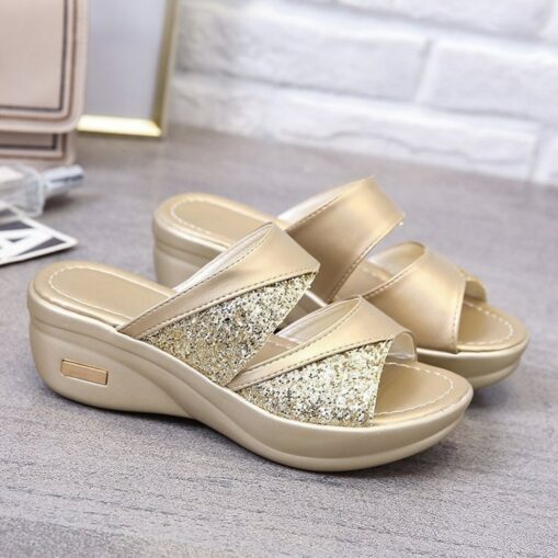 Women's Glitter Wedge Sandals - Gold Slip-On Platform Shoes with Comfortable Sole for Casual and Party Wear 2025