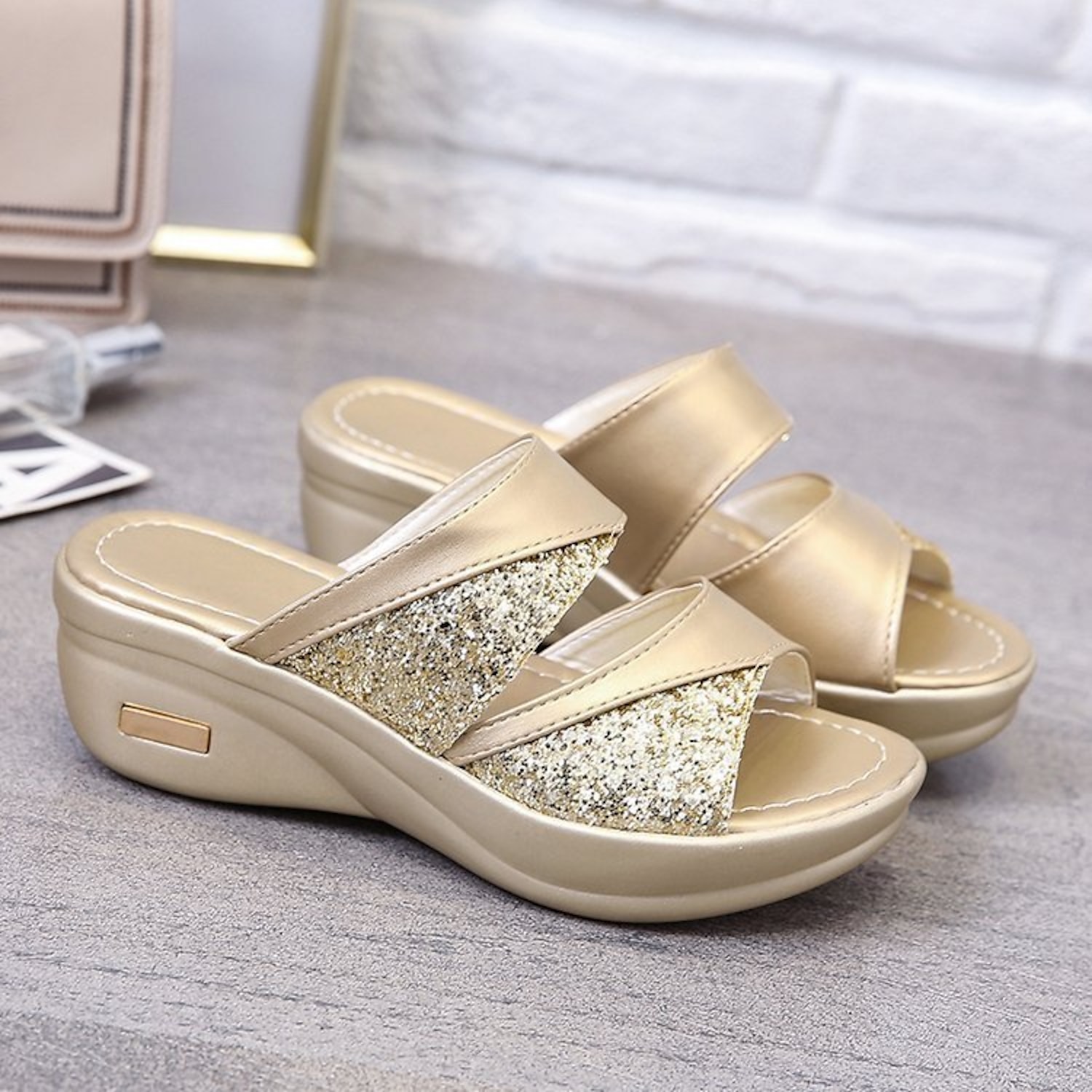Women's Glitter Wedge Sandals - Gold Slip-On Platform Shoes with Comfortable Sole for Casual and Party Wear 2025