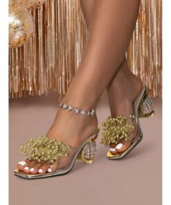 Gold Crystal Beaded Clear Heels for Women – Transparent Slide-On Sandals with Decorative Gold Accents, Perfect for Cocktail Parties 2025