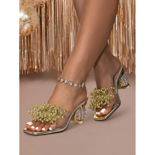 Gold Crystal Beaded Clear Heels for Women – Transparent Slide-On Sandals with Decorative Gold Accents, Perfect for Cocktail Parties 2025