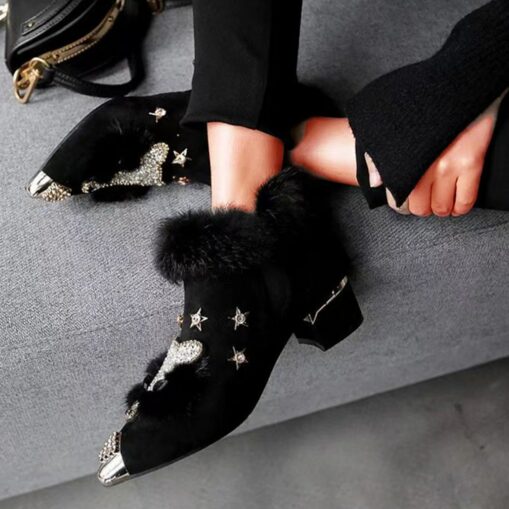 Women's Grey Fur-Trimmed Pointed-Toe Ankle Boots – Rhinestone Fox and Star Embellishments with Chunky Heels 2025 - Image 2