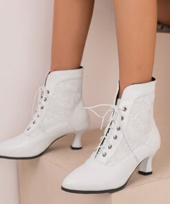 Women's White Lace-Up Ankle Boots with Embroidered Panels and Mid Heel - Elegant Victorian Style for Formal Occasions 2025