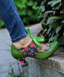 Women's Green Leather Mary Jane Heels with Floral Print, Ribbon Ties, and Retro Style - Perfect for Vintage-Themed Events and Daily Elegance 2025