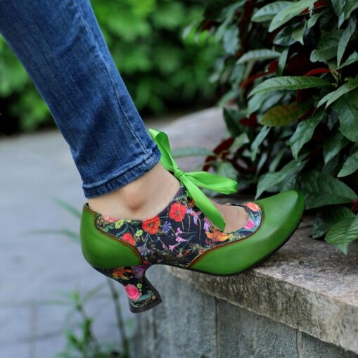 Women's Green Leather Mary Jane Heels with Floral Print, Ribbon Ties, and Retro Style - Perfect for Vintage-Themed Events and Daily Elegance 2025