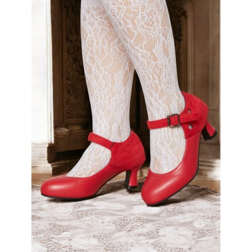 Women's Vintage Mary Jane Heels – Faux Leather & Suede Mid Heel Pumps with Buckle Strap for Retro Formal & Dance Wear 2025
