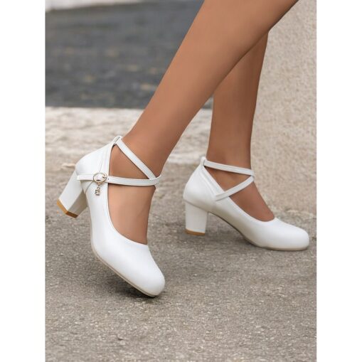 Women's White Round-Toe Mary Jane Heels with Ankle Strap – Elegant Pumps with Charm Detail for Formal and Casual Occasions 2025