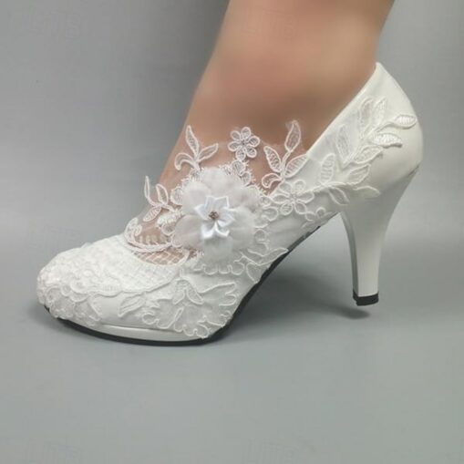 Women's Wedding Shoes White Shoes Dress Shoes Wedding Party Floral Wedding Heels Bridal Shoes Bridesmaid Shoes Rhinestone Lace Flower Stiletto Round T