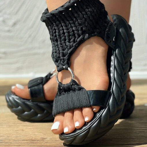 Women’s Chunky Knitted Platform Sandals – Fashionable Open-Toe Wedges with Ring Detail, Perfect for Summer and Casual Wear 2025 - Image 2