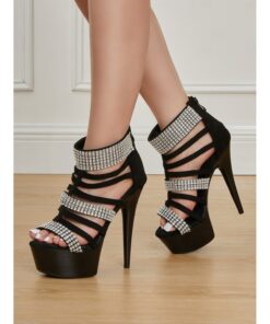 Black Strappy Platform Heels with Rhinestone Detailing – High Heels for Women – Ideal for Night Parties, Weddings, and Special Events 2025