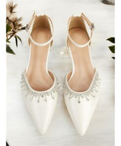 Women's Ivory Satin Pointed-Toe Flats with Rhinestone Detailing – Elegant Ankle Strap Shoes for Weddings and Formal Events 2025