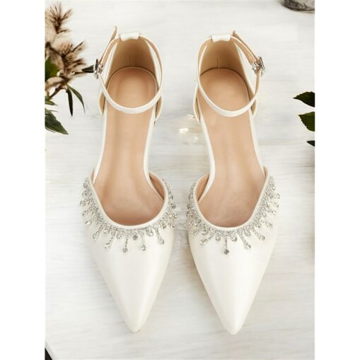 Women's Ivory Satin Pointed-Toe Flats with Rhinestone Detailing – Elegant Ankle Strap Shoes for Weddings and Formal Events 2025
