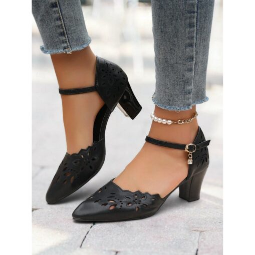 Women's Black Floral Cut-Out Chunky Heel Pumps with Ankle Strap - Elegant Dress Shoes for Work, Weddings and Parties 2025