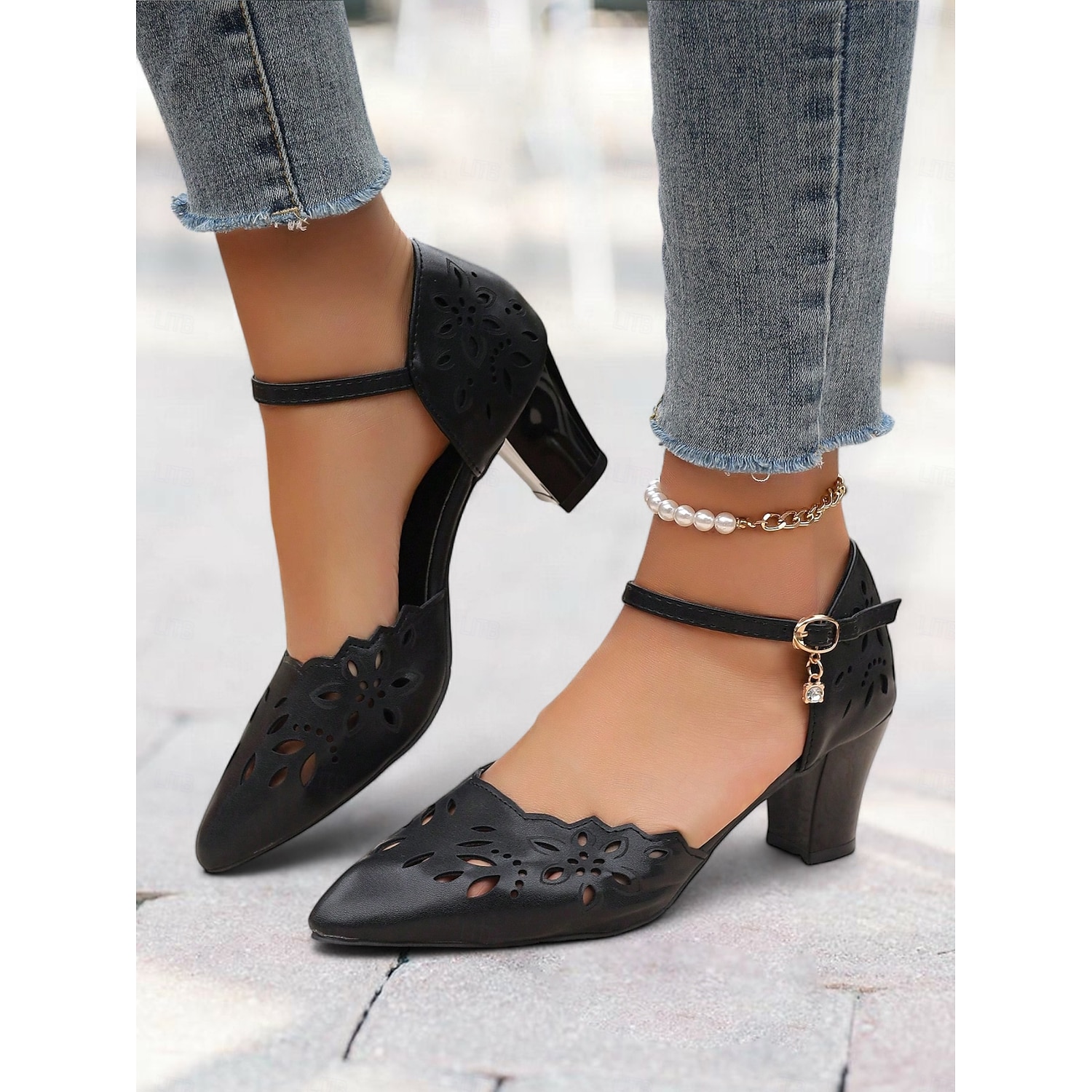 Women's Black Floral Cut-Out Chunky Heel Pumps with Ankle Strap - Elegant Dress Shoes for Work, Weddings and Parties 2025