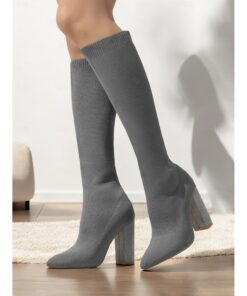 Women's Stretchy Knit Knee-High Boots with Chunky Heels – Elegant Green Fashion Boots for Fall/Winter 2025