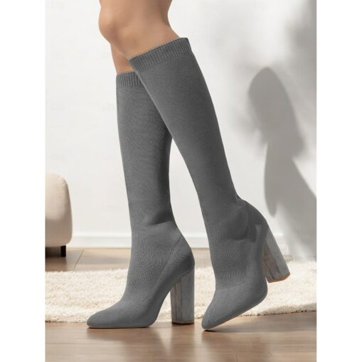 Women's Stretchy Knit Knee-High Boots with Chunky Heels – Elegant Green Fashion Boots for Fall/Winter 2025