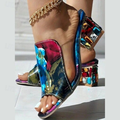 Women's White Croc-Embossed Open-Toe Sandals – Chic Slip-On Block Heels with Colorful Rhinestone Embellishments for Party & Summer Wear 2025 - Image 3