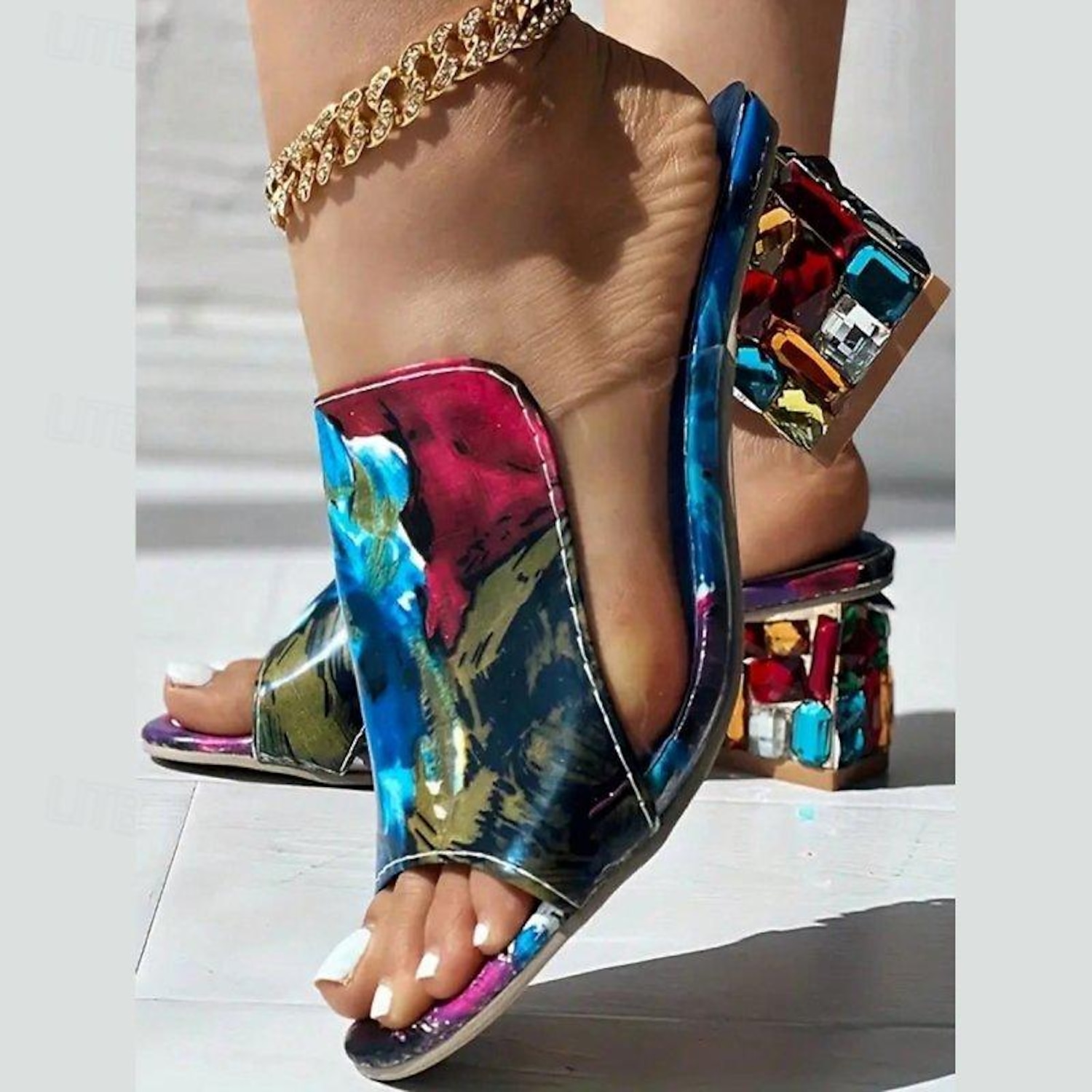 Women's White Croc-Embossed Open-Toe Sandals – Chic Slip-On Block Heels with Colorful Rhinestone Embellishments for Party & Summer Wear 2025 - Image 3