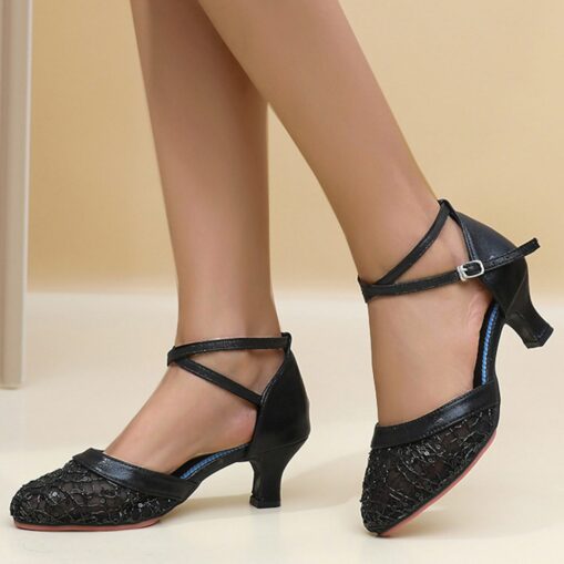 Women's Gold Silver Lace Ballroom Dance Shoes with Ankle Strap and Mid Heel for Latin and Salsa Dancing 2025 - Image 4