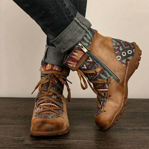 Women's Ethnic Style Lace-Up Ankle Boots with Multicolor Tribal Pattern and Suede Accents, Comfortable Casual Footwear for Outdoor Adventures 2025 - Image 3
