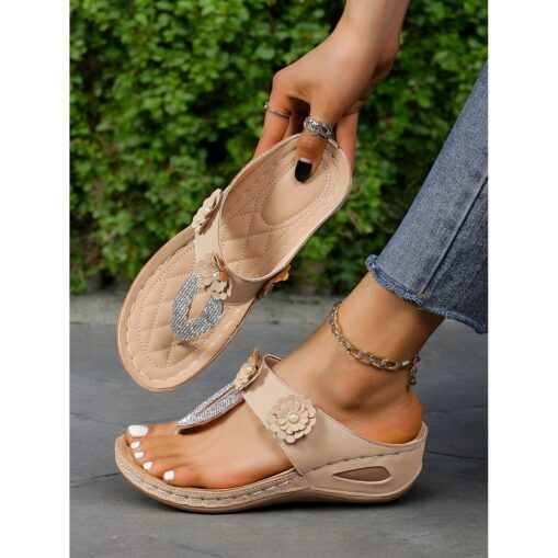 Women's Burgundy Floral Embellished T-Strap Sandals with Rhinestone Accents – Comfortable Summer Footwear for Casual and Beach Outings 2025 - Image 3
