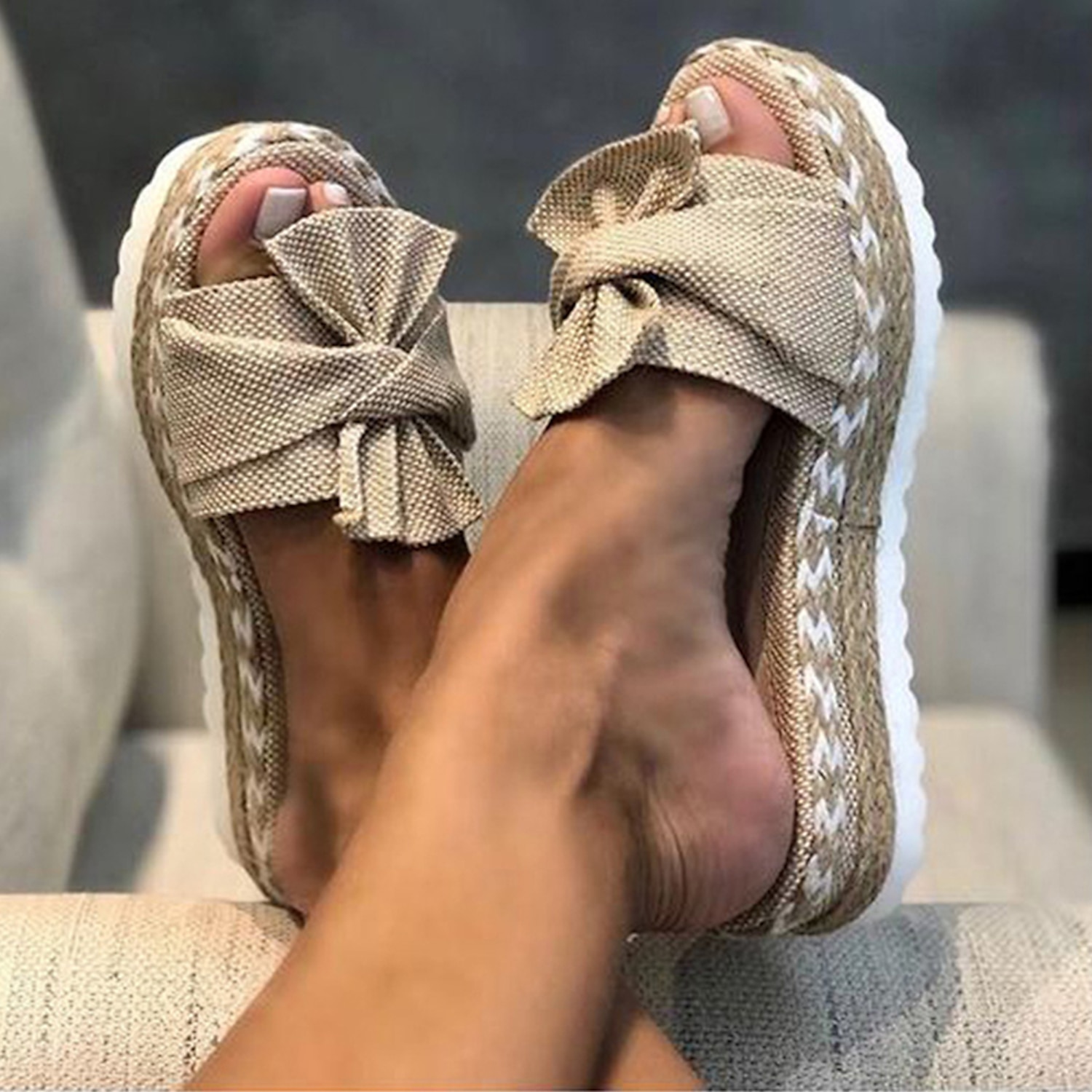 Yellow Women's Platform Sandals with Bow Detail and Woven Espadrille Sole for Stylish Summer Wear 2025 - Image 3