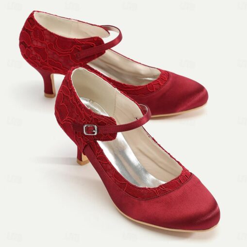 Women's Elegant Red Lace Satin Heels - Comfortable Mid-Heel Mary Jane Dress Shoes with Adjustable Strap for Weddings, Parties, and Formal Events 2025