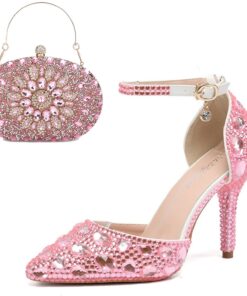 Women's Pink Rhinestone High Heel Bridal Shoes with Matching Clutch Bag – Glamorous Wedding and Party Shoes Set 2025