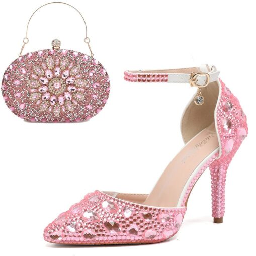 Women's Pink Rhinestone High Heel Bridal Shoes with Matching Clutch Bag – Glamorous Wedding and Party Shoes Set 2025